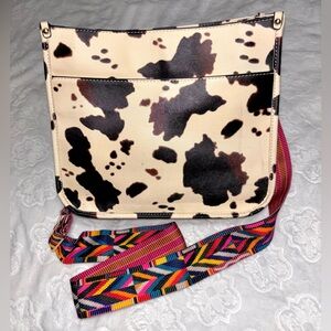 Cow Print Crossbody Bag with Colorful Strap